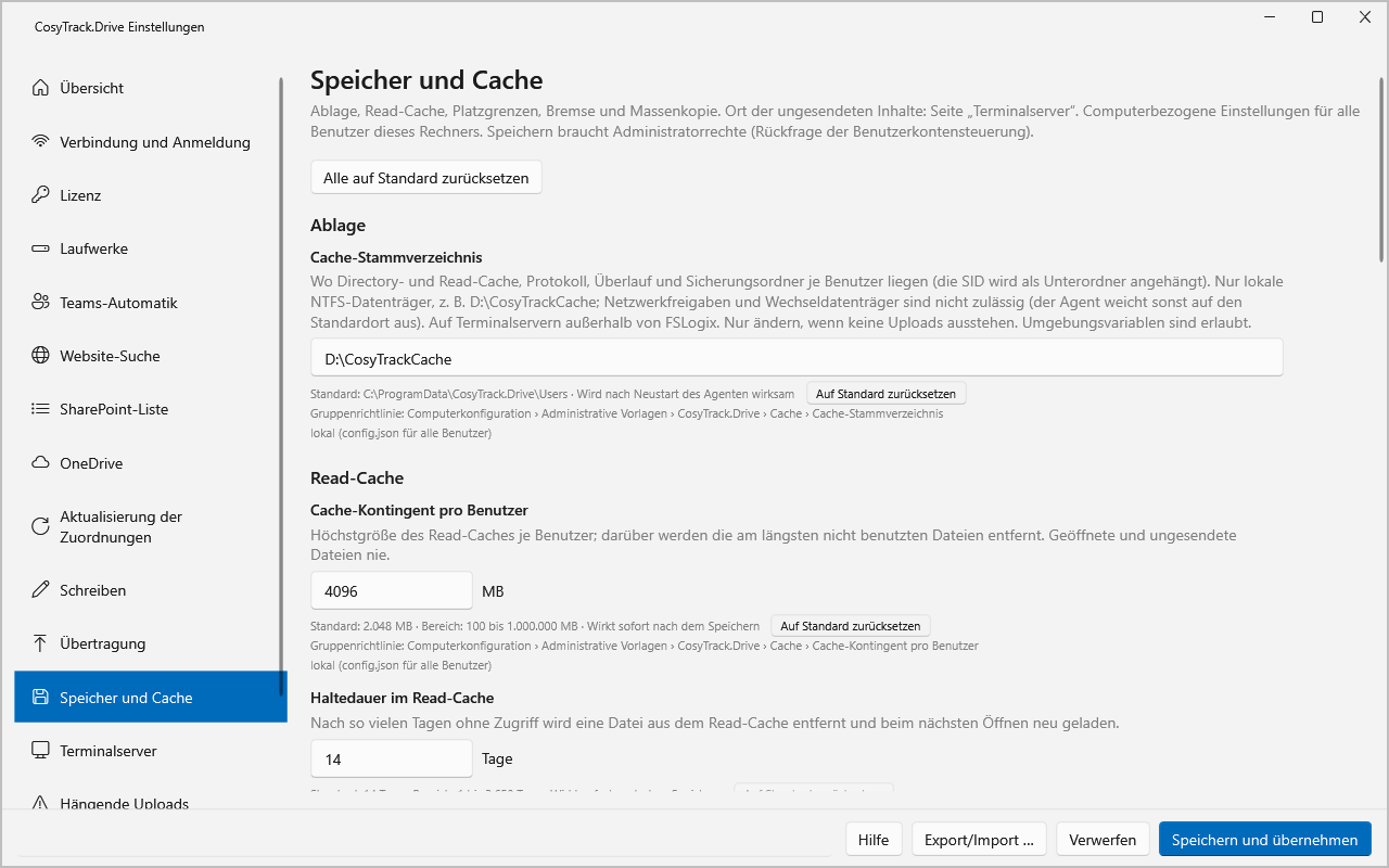 Einstellungsseite Speicher und Cache mit konfiguriertem Cache-Stammverzeichnis D:\CosyTrackCache und 4096 MB Read-Cache
