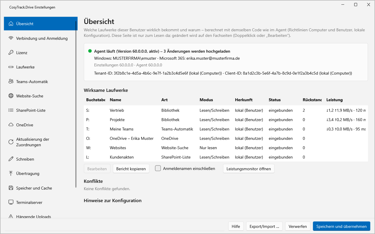 Übersicht der CosyTrack.Drive-Einstellungen mit Tabelle der wirksamen Laufwerke, Modus, Status, Rückstand und Leistung
