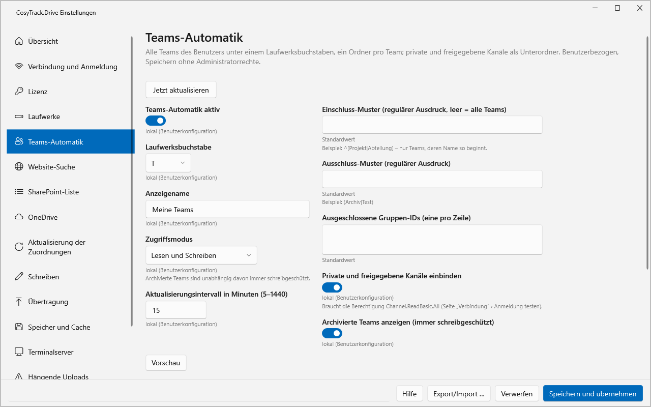 Einstellungsseite Teams-Automatik mit Laufwerksbuchstabe T, Zugriffsmodus, Aktualisierungsintervall und Filteroptionen