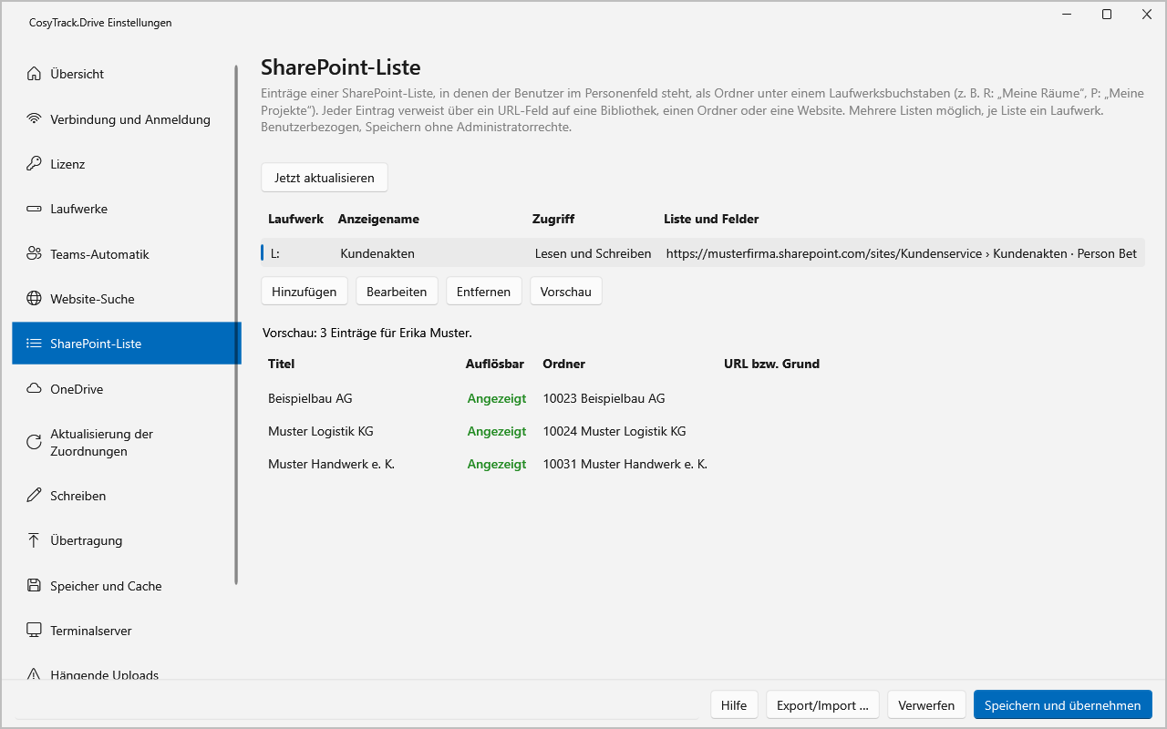 Einstellungsseite SharePoint-Liste mit Eintrag Laufwerk L für Kundenakten und Vorschau der aufgelösten Ordner