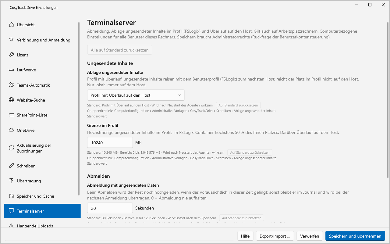 Einstellungsseite Terminalserver mit Ablage ungesendeter Inhalte, Grenze im Profil und Wartezeit beim Abmelden
