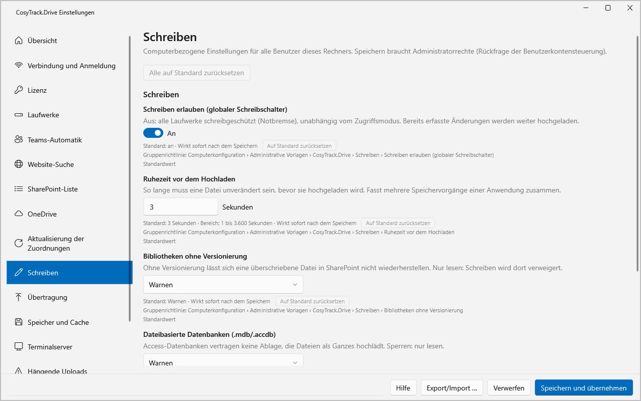 Einstellungsseite Schreiben mit globalem Schreibschalter, Ruhezeit vor dem Hochladen und Optionen für Bibliotheken ohne Versi