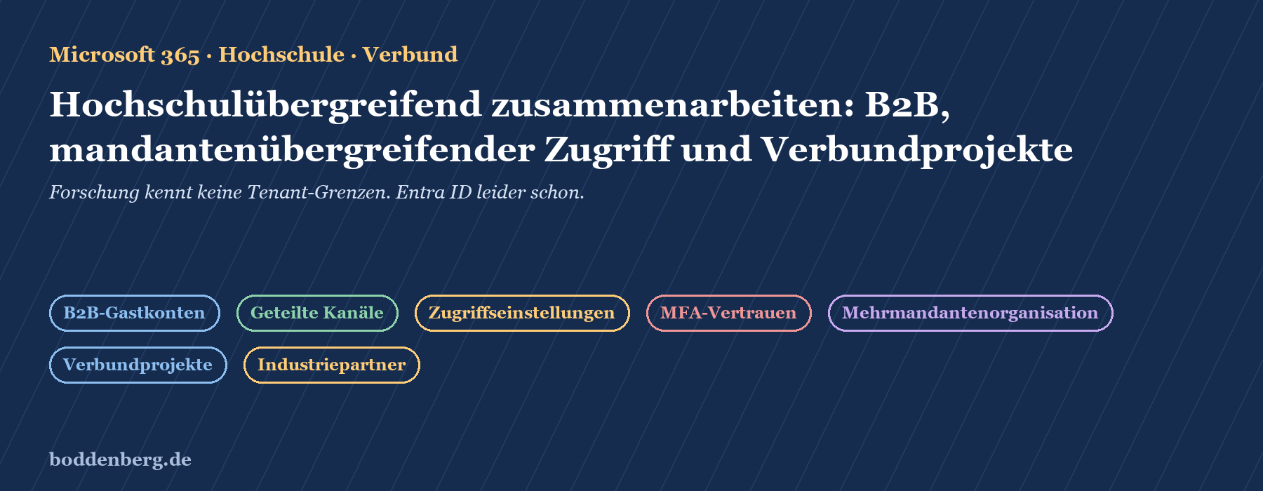 Titelfolie zu Microsoft 365 im Hochschulverbund mit Themen wie B2B, mandantenübergreifender Zugriff und Verbundprojekte.