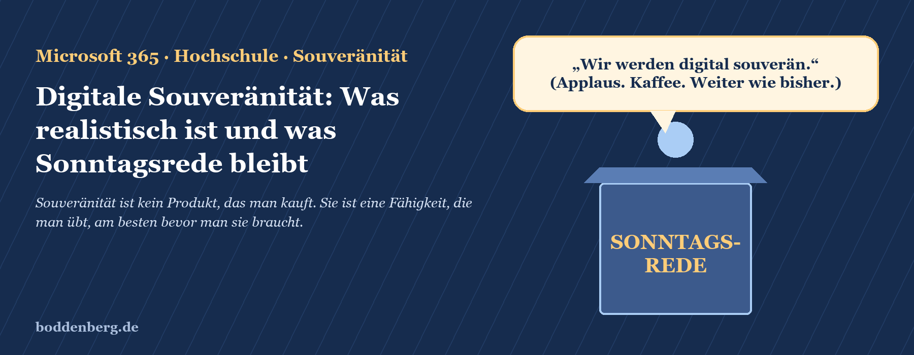 Titelfolie mit Themenschwerpunkt Microsoft 365, Hochschule und digitale Souveränität, begleitet von humorvoller Sprechblase.