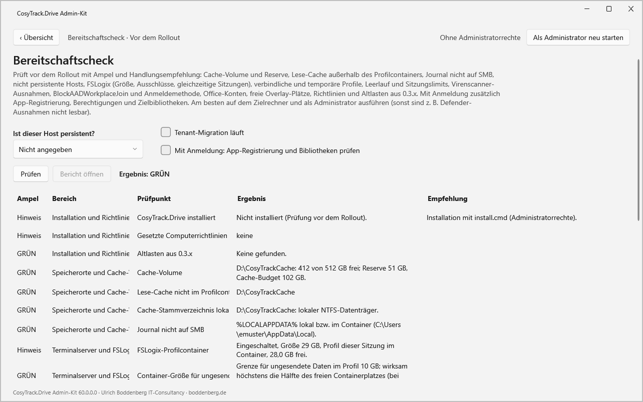 Bereitschaftscheck im CosyTrack.Drive Admin-Kit mit Ampeltabelle für Cache, FSLogix-Profilcontainer und Installation und dem
