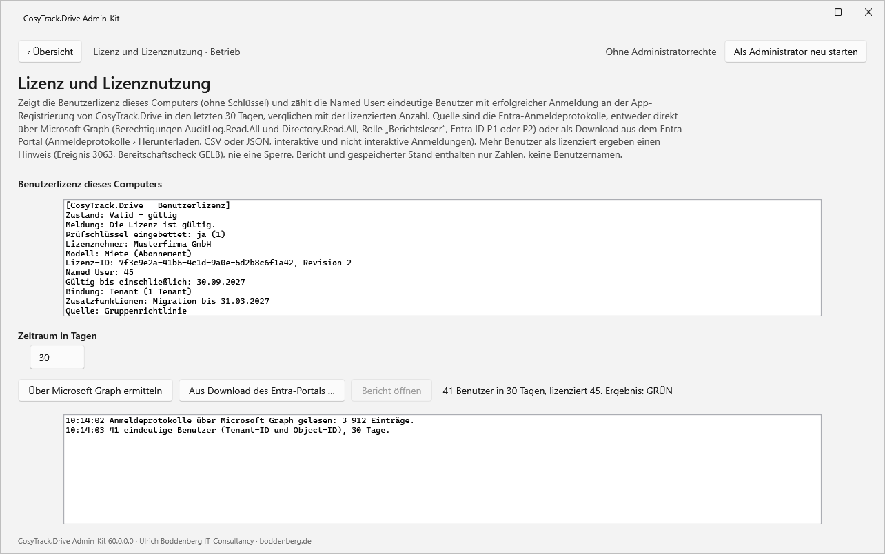 Admin-Kit von CosyTrack.Drive zeigt die Benutzerlizenz eines Computers und das Ergebnis der Lizenznutzung: 41 Benutzer in 30