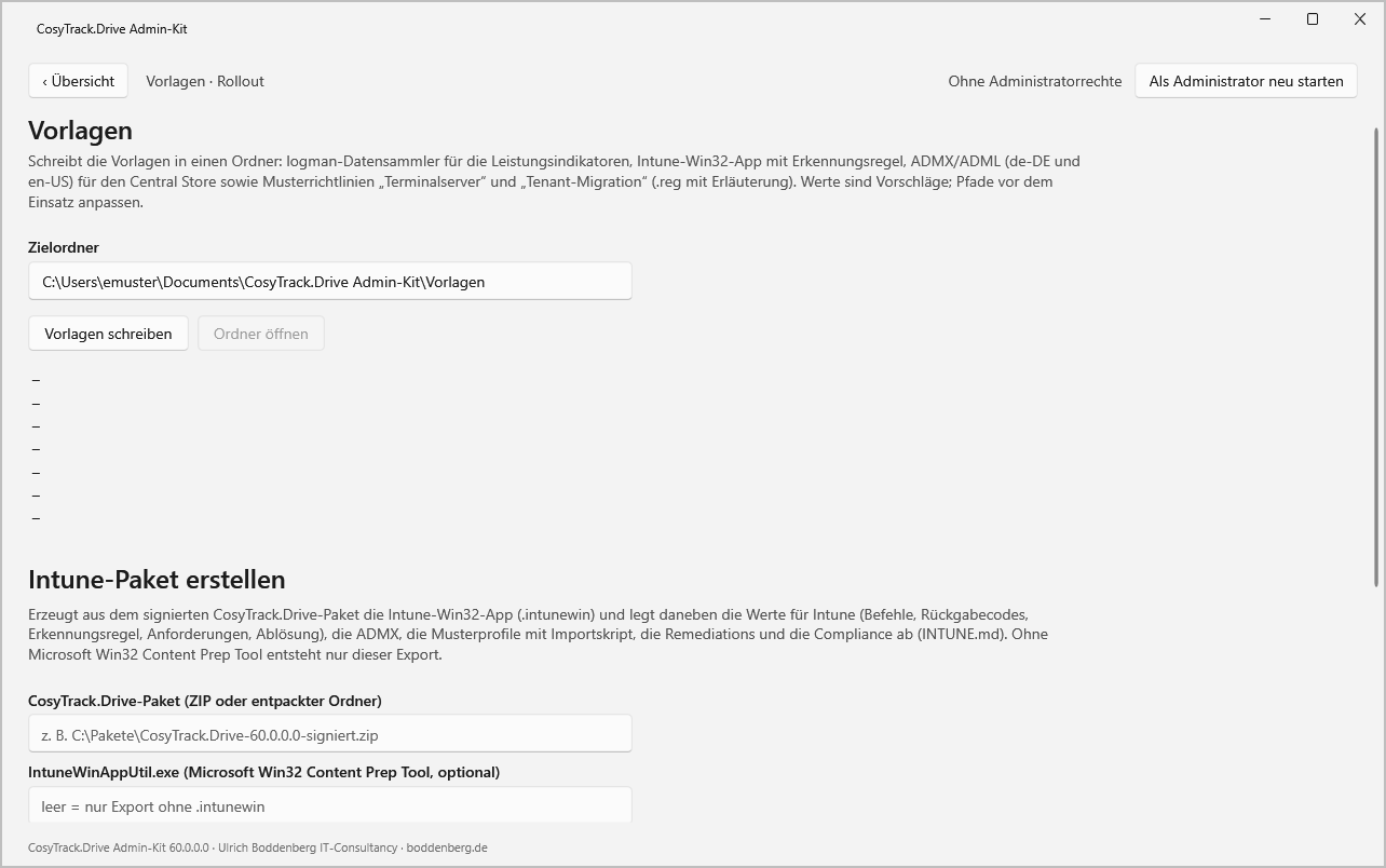 Vorlagen-Seite des CosyTrack.Drive Admin-Kit mit Zielordner, Schaltfläche „Vorlagen schreiben“ und Bereich für das Intune-Pak