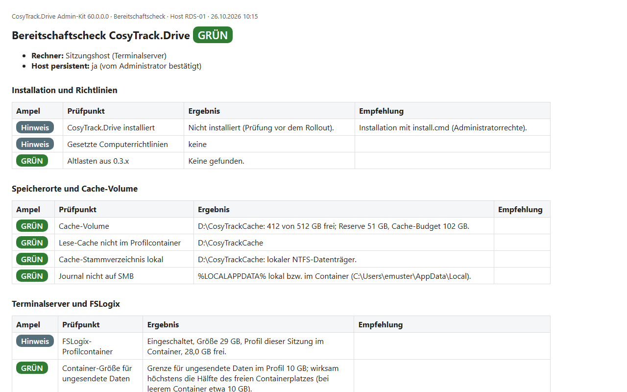 Bereitschaftscheck von CosyTrack.Drive im Admin-Kit mit grünem Gesamtstatus und Prüfergebnissen zu Cache-Volume und FSLogix.