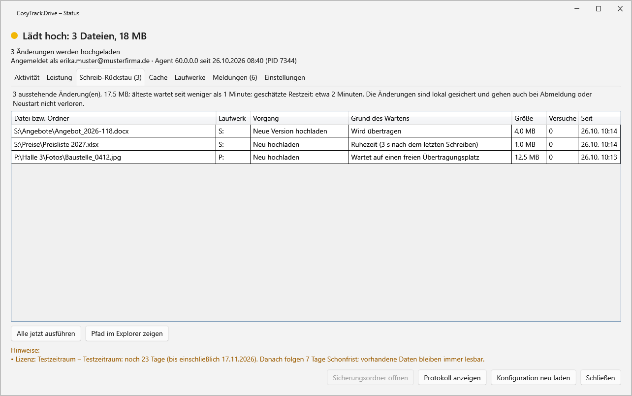 Status-Fenster von CosyTrack.Drive mit drei wartenden Uploads im Schreib-Rückstau, inklusive Grund des Wartens und Größe.