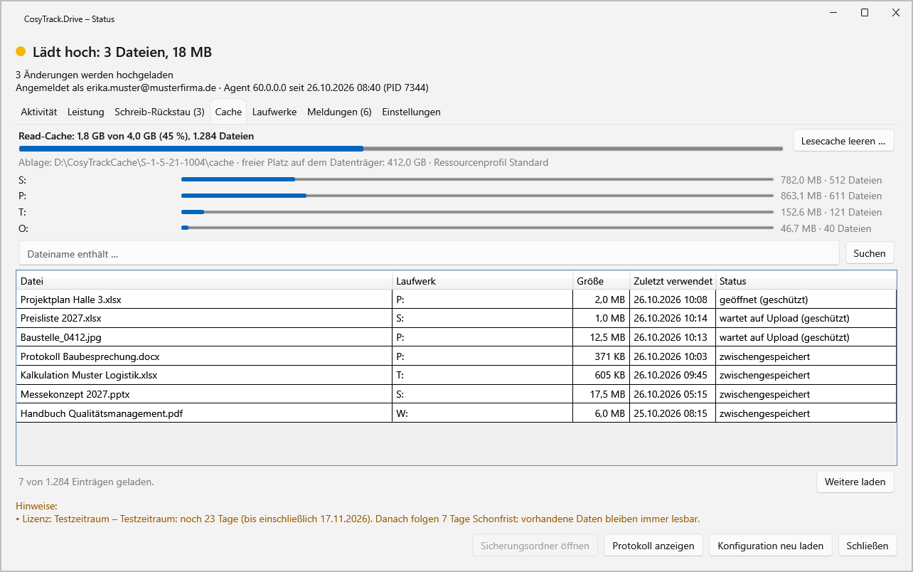 CosyTrack.Drive-Statusfenster im Reiter Cache mit Read-Cache-Anzeige, Laufwerksaufteilung und Liste der Dateien mit Upload-St