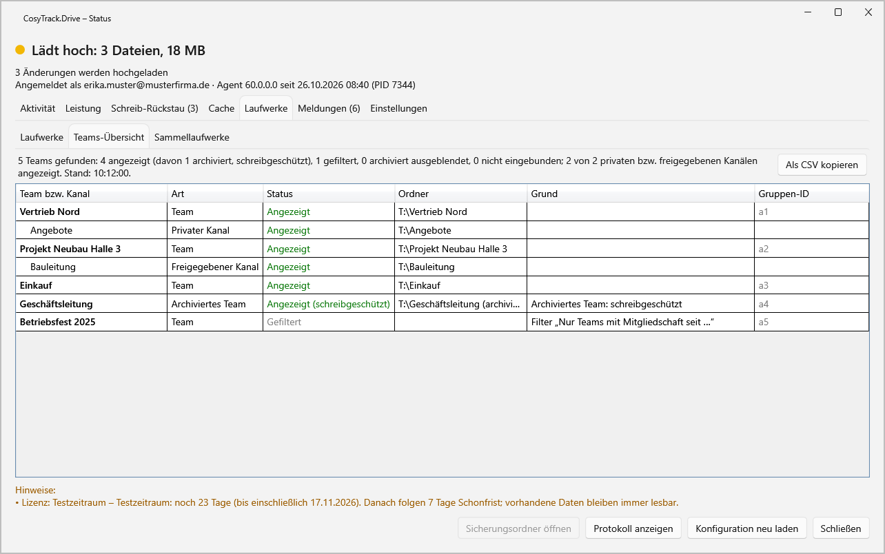 Teams-Übersicht in CosyTrack.Drive mit angezeigten, archivierten und gefilterten Teams sowie privaten und freigegebenen Kanäl