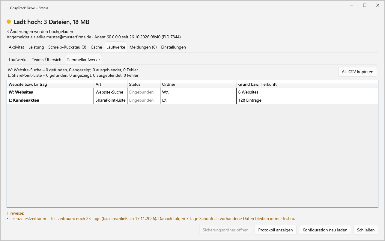 CosyTrack.Drive-Statusfenster mit den Sammellaufwerken W: Websites (6 Websites) und L: Kundenakten (128 Einträge) in einer Ta