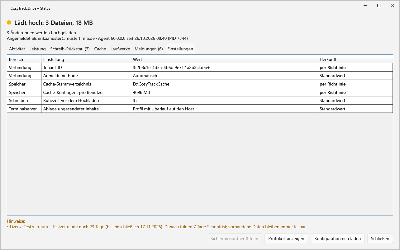 Einstellungen im Statusfenster von CosyTrack.Drive mit Herkunft der Werte, etwa per Richtlinie oder Standardwert.