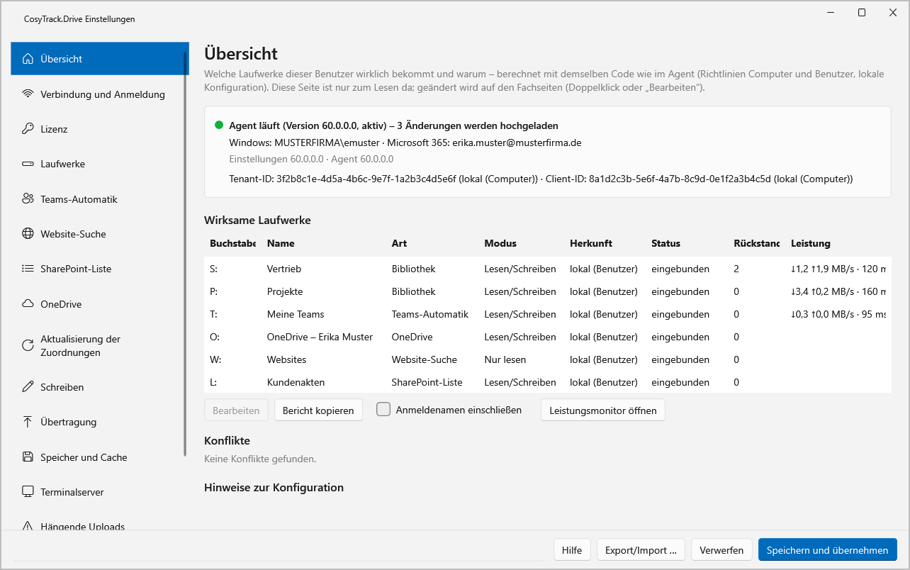 Übersichtsseite der CosyTrack.Drive-Einstellungen mit Agentenstatus und einer Tabelle der wirksamen Laufwerke samt Art, Modus