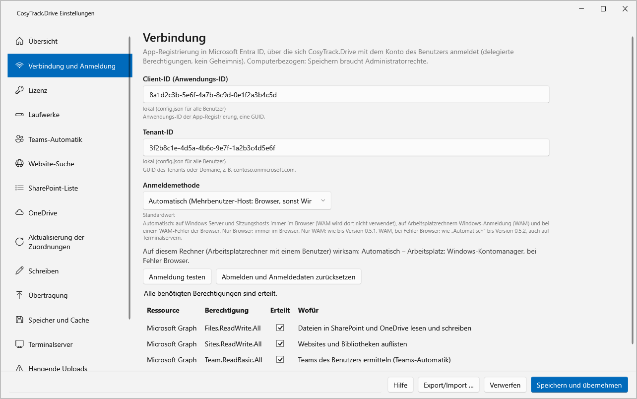 Einstellungsseite Verbindung und Anmeldung in CosyTrack.Drive mit Client-ID, Tenant-ID, Anmeldemethode und Graph-Berechtigung