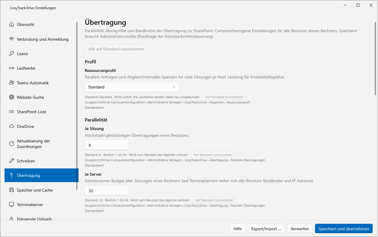 Einstellungen von CosyTrack.Drive mit dem Bereich Übertragung, Ressourcenprofil und Parallelitätswerten je Sitzung und je Ser