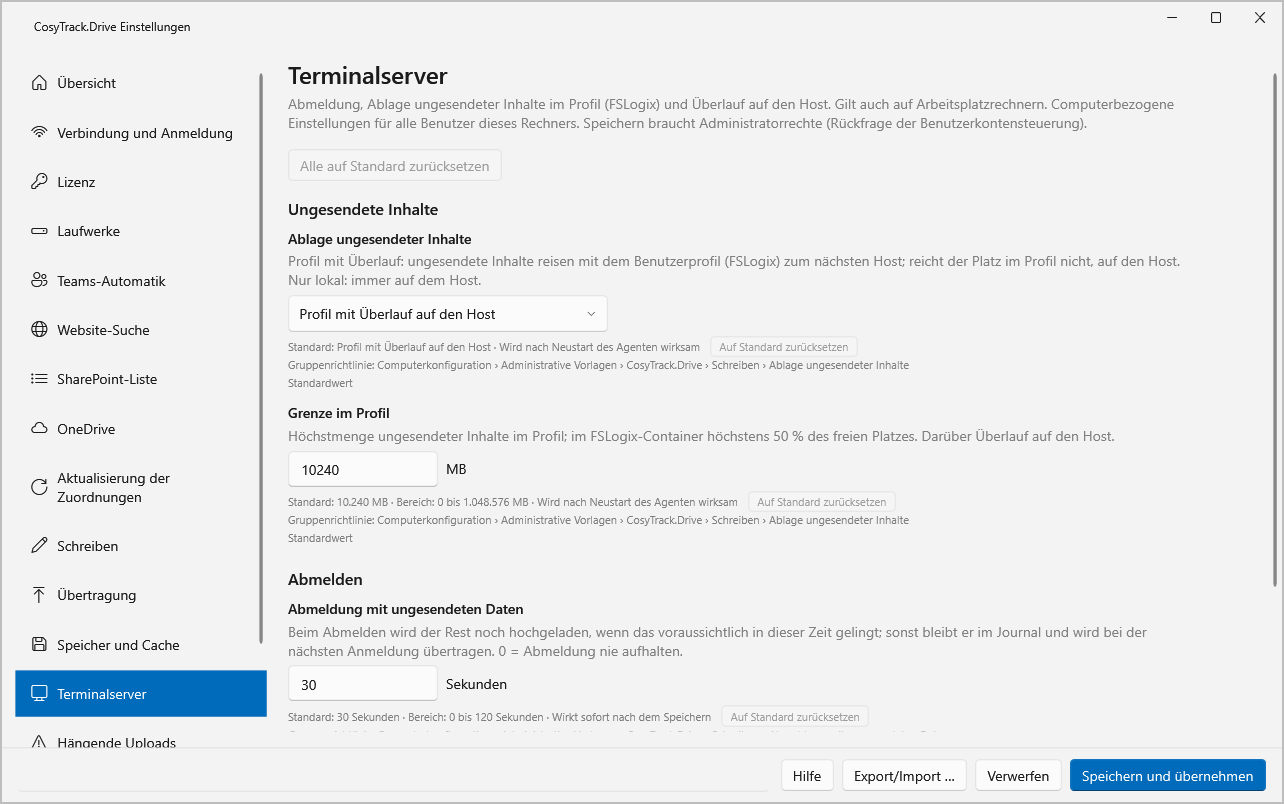Einstellungen von CosyTrack.Drive für den Terminalserver mit Ablage ungesendeter Inhalte, Grenze im Profil und Abmeldezeit.