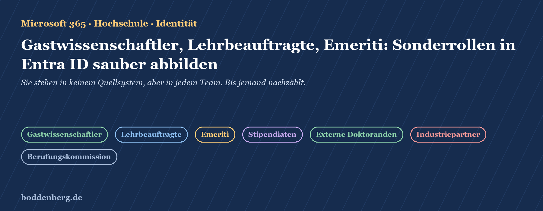 Titelseite zum Thema Sonderrollen in Entra ID für Gastwissenschaftler, Lehrbeauftragte und Emeriti an Hochschulen.