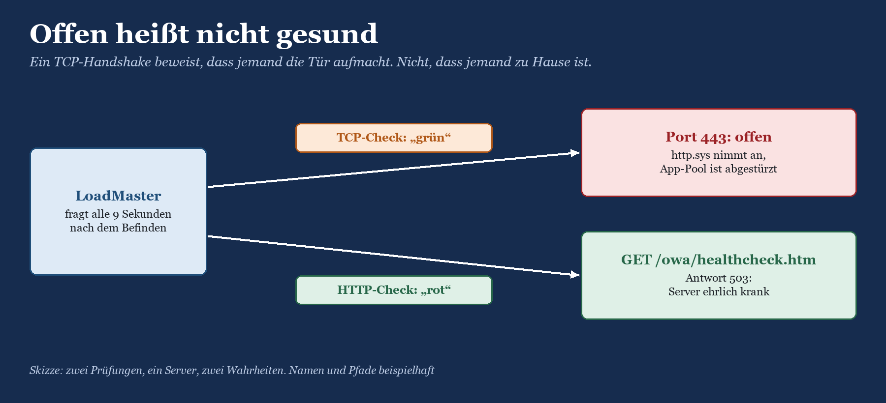 LoadMaster prüft Port 443 per TCP (grün) und ruft healthcheck.htm per HTTP ab (rot, Antwort 503) bei einem Server.