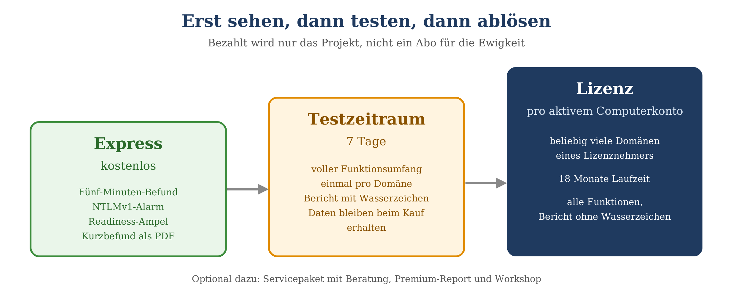 Lizenzmodell: kostenloser Express-Befund, 7-tägiger Testzeitraum mit Wasserzeichen, Lizenz pro aktivem Computerkonto mit 18 M