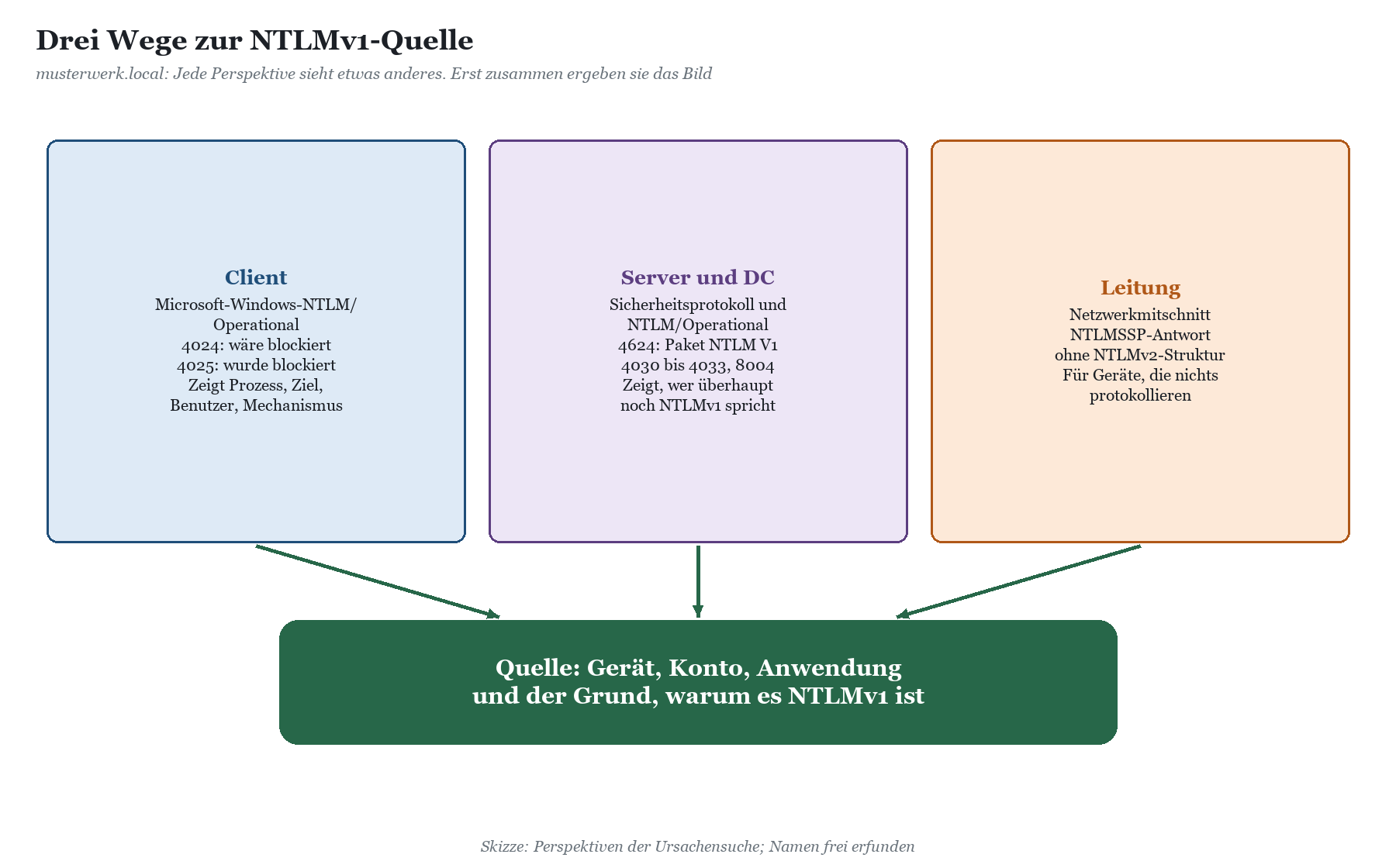 Drei Perspektiven zur NTLMv1-Quelle: Client (Ereignis 4024/4025), Server und DC (Ereignis 4624, 4030 bis 4033), Netzwerkmitsc