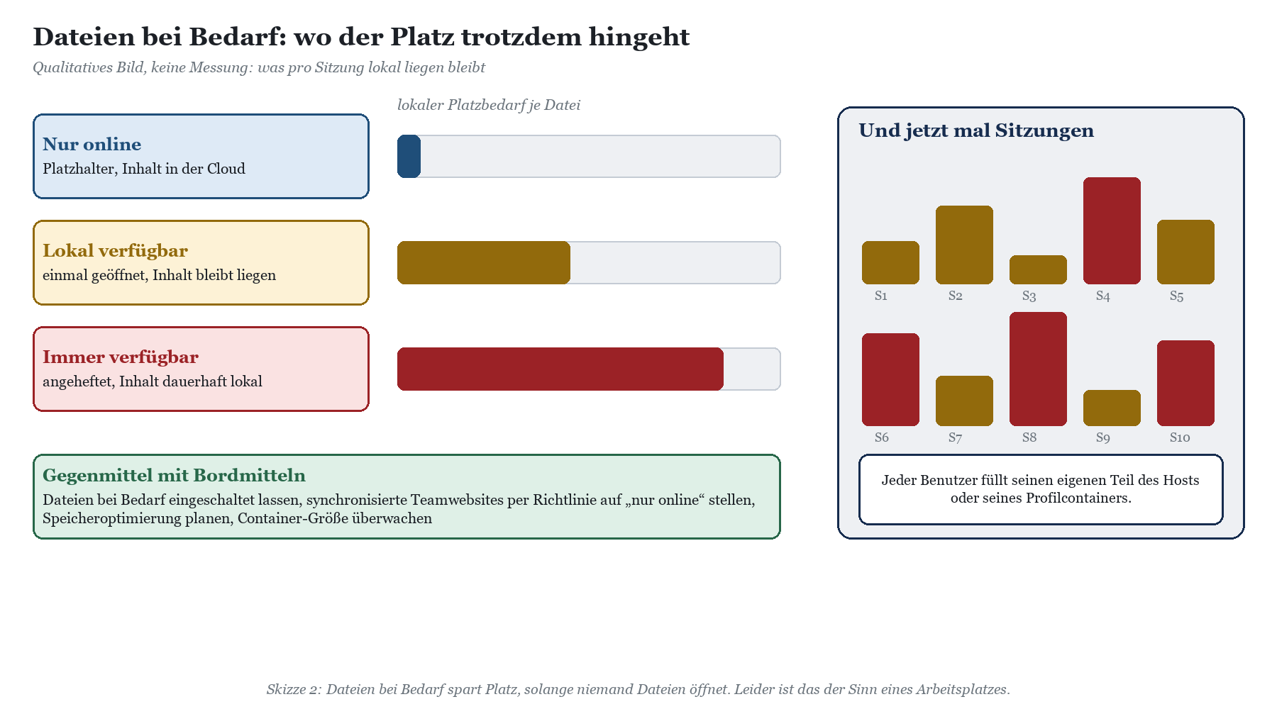 Drei Balkendiagramme zum lokalen Platzbedarf je Datei (nur online, lokal verfügbar, immer verfügbar) und Balkendiagramm der S