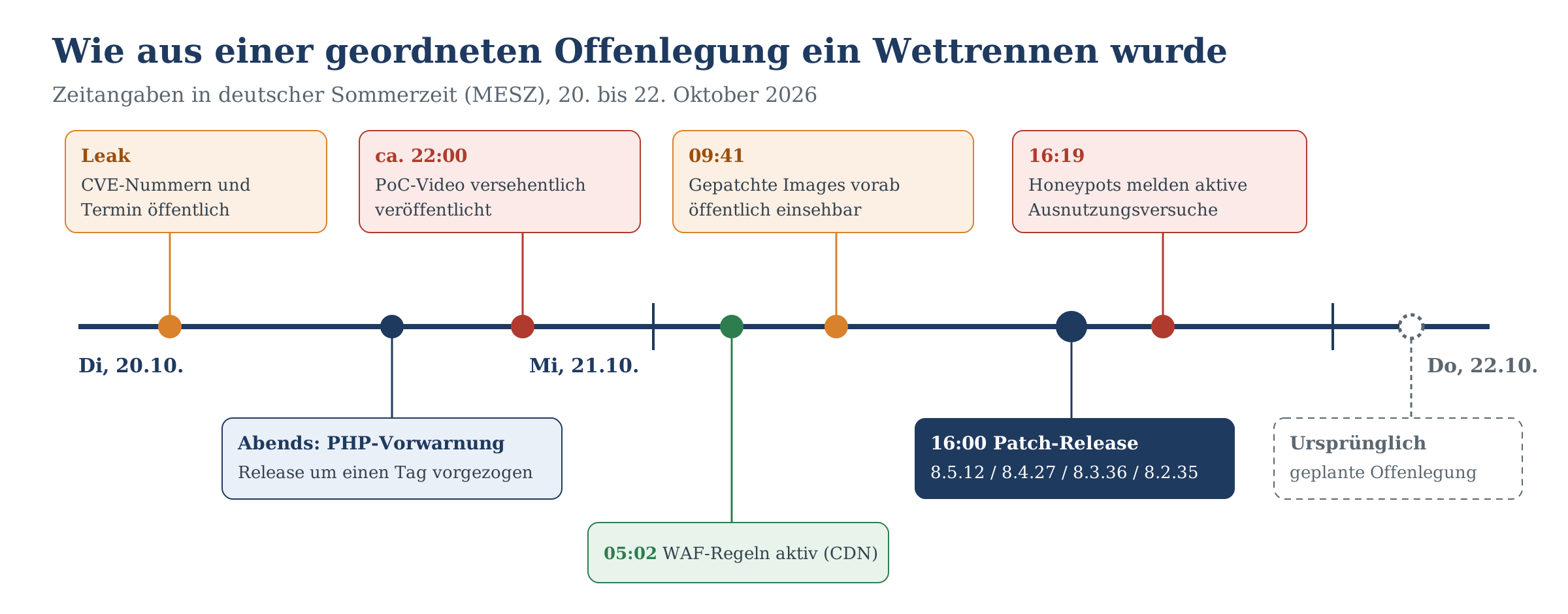 Zeitleiste 20. bis 22. Oktober 2026: Leak, PoC-Video, gepatchte Images, Honeypot-Meldungen, Patch-Release 16:00 und ursprüngl
