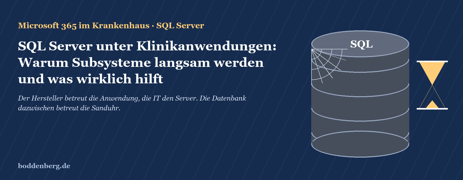 Titelgrafik: Datenbanksymbol SQL mit Sanduhr neben dem Titel 'SQL Server unter Klinikanwendungen'