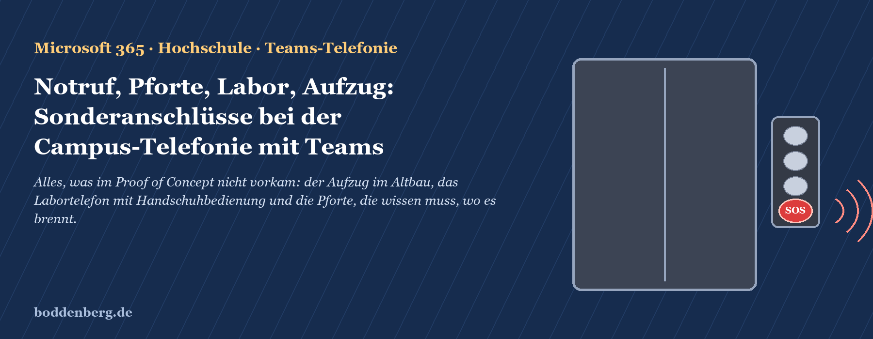 Illustration eines Campus-Telefongeräts mit SOS-Taste und Funkwellensymbolen auf blauem Hintergrund.