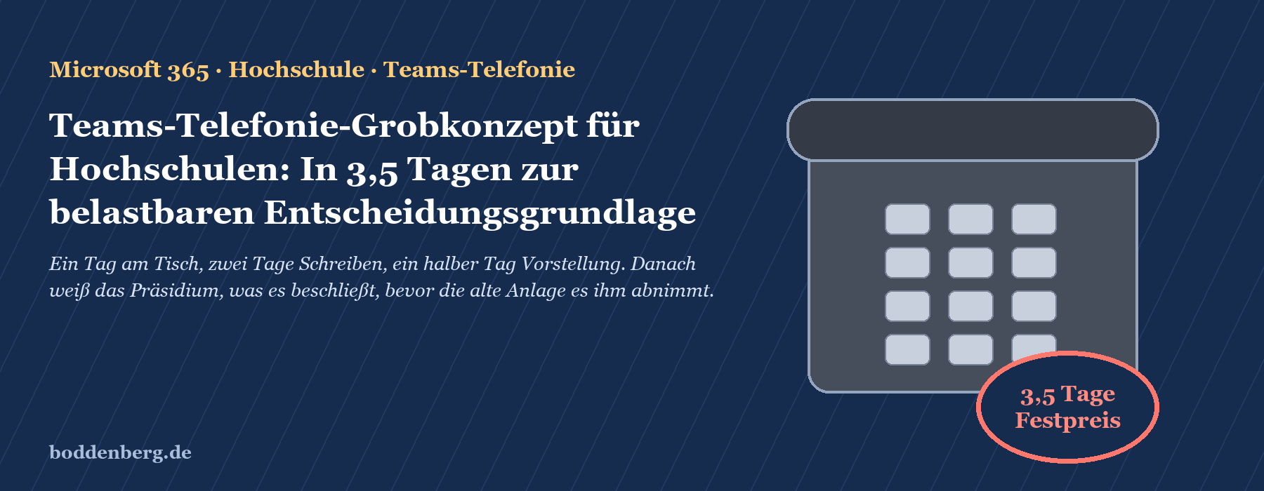 Titelfolie: Teams-Telefonie-Grobkonzept für Hochschulen mit Kalender-Icon und Beschriftung "3,5 Tage Festpreis"