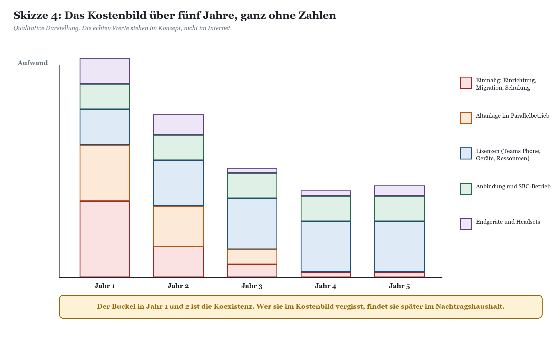Gestapeltes Säulendiagramm: Kostenverlauf über fünf Jahre nach Kostenkategorien Einrichtung, Altanlage, Lizenzen, Anbindung u