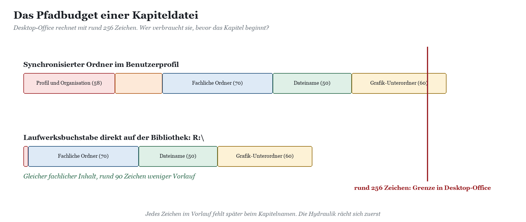 Pfadlängen-Vergleich: Synchronisierter Ordner im Benutzerprofil überschreitet rund 256 Zeichen, Laufwerk R: bleibt deutlich d