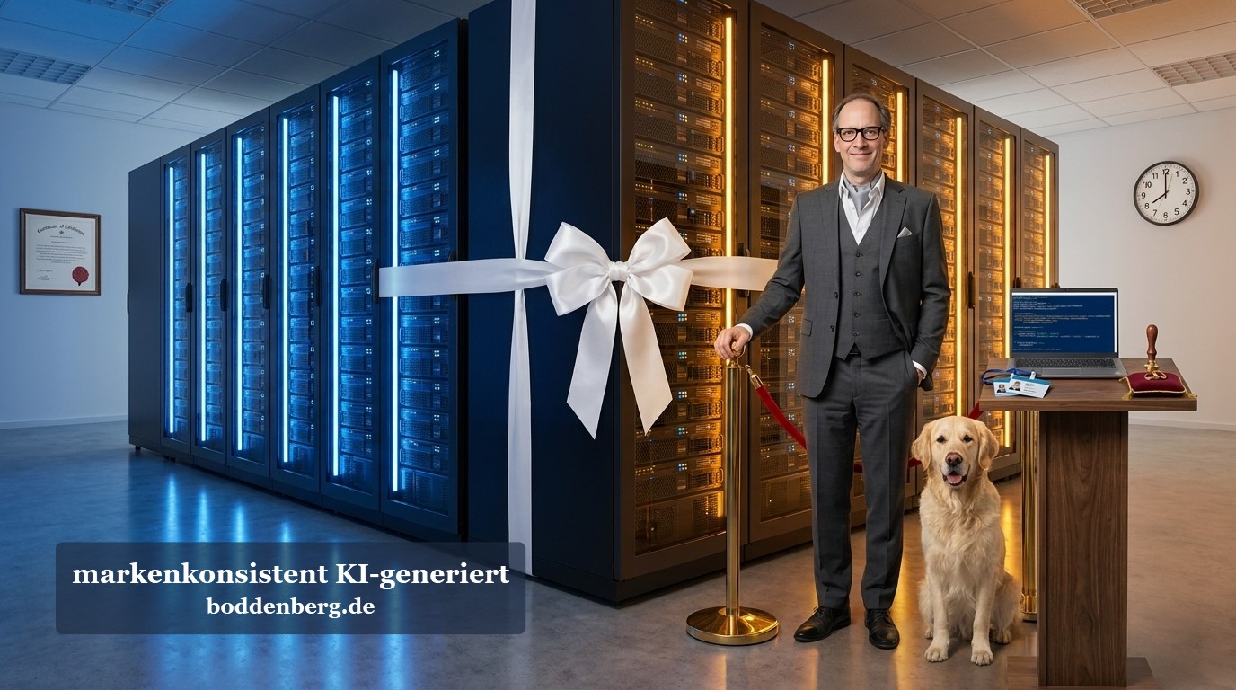 Datacenter Forest Trust Integration Mann im grauen Anzug mit Brille neben einem cremefarbenen Hund vor einem von links- und rechtsgeöffneten Serverracks, eines mit blauem Licht, eines mi…