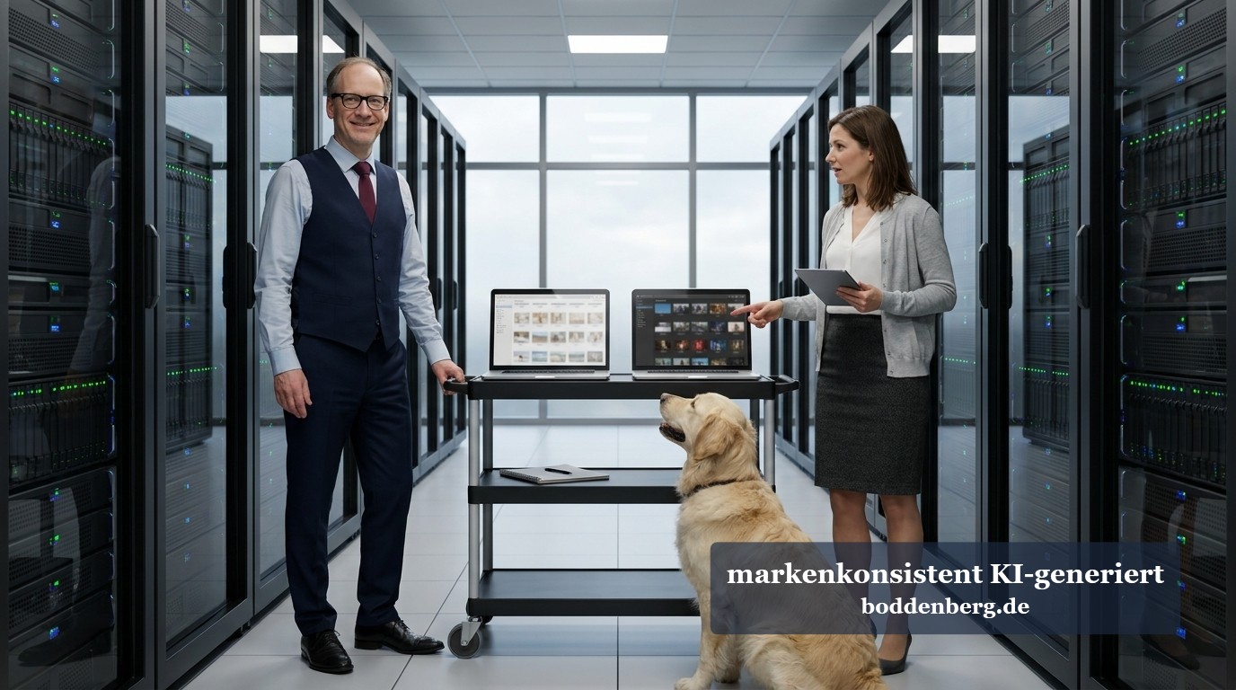IT-Professionals im Datacenter mit Hund Zwei Profis in einem Serverraum mit Laptops auf einem mobilen Tisch, zwischen ihnen sitzt ein Labrador.