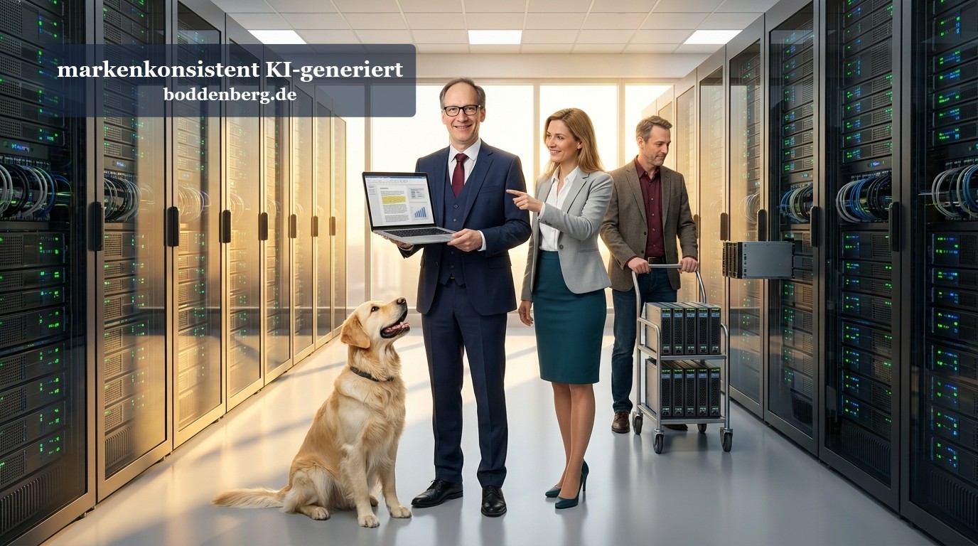 Team im Datencenter mit Laptop und Servern Drei Geschäftsleute und ein Hund in einem Serverraum mit glänzenden Serverschränken, einer zeigt Daten auf einem Laptop.