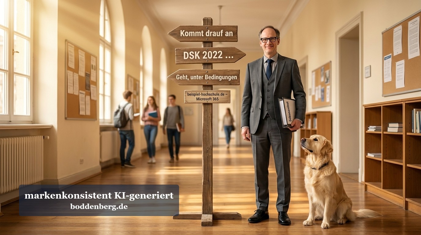 Geschäftsmann mit Laptop und Hund vor Wegweiser im Hochschulflur mit Besuchern im Hintergrund.