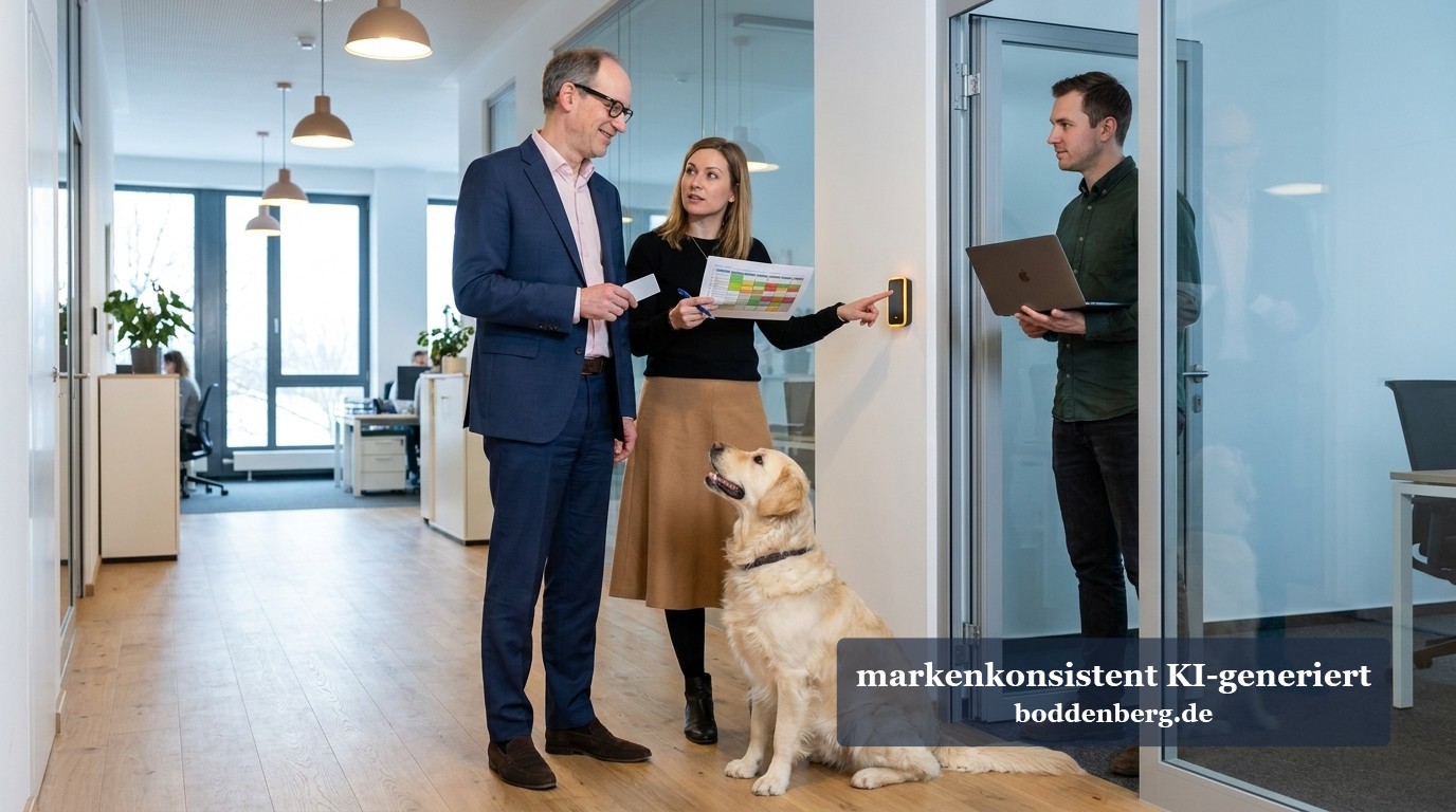 Copilot Premium mit GPT 6.1 und Claude Opus 5.5: Datenschutz-Schnappatmung Zwei Kollegen besprechen im Büroflur einen Plan neben einem Golden Retriever, während ein Mann mit Laptop an einer Glastür steht.