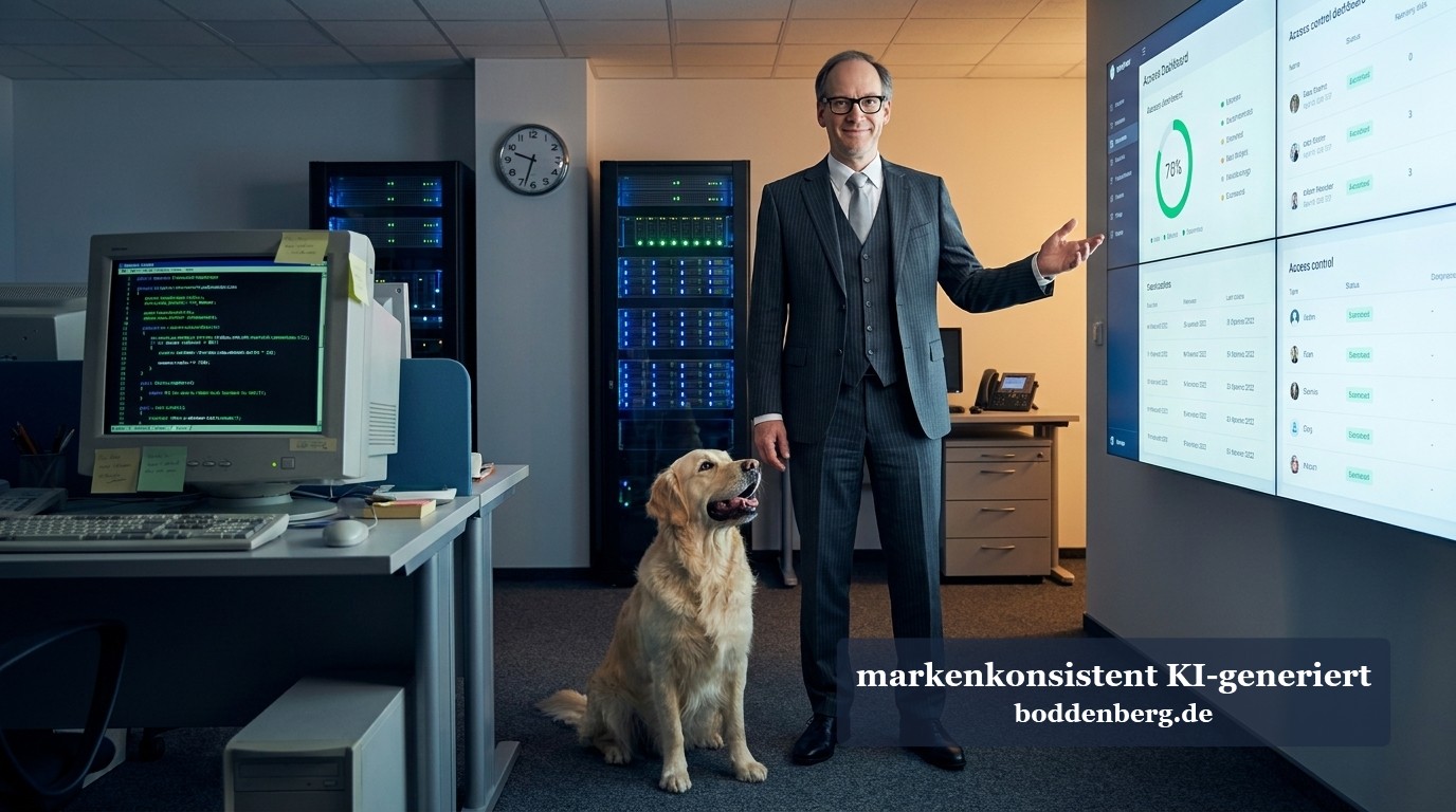 Geschäftsmann und Hund im IT-Büro mit Server-Infrastruktur Ein Mann im Anzug mit Brille präsentiert neben einem Labrador Retriever in einem modernen Büro mit Server-Racks, Monitoring-Bildschirmen und Dashboard…