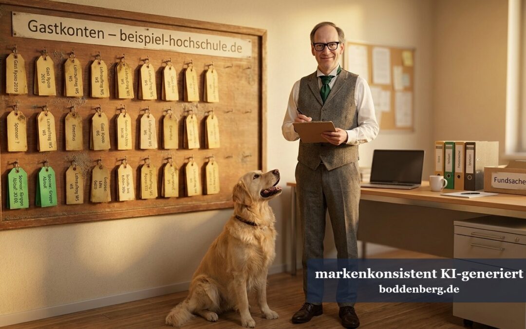 Mann in Weste hält Tablet neben sich, daneben sitzt ein Hund, an der Wand hinter ihnen eine Tafel mit beschrifteten Anhängern.