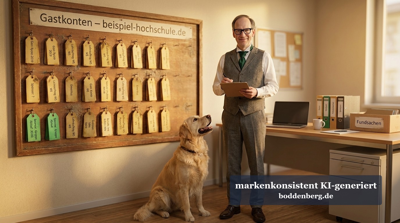 Mann in Weste hält Tablet neben sich, daneben sitzt ein Hund, an der Wand hinter ihnen eine Tafel mit beschrifteten Anhängern.