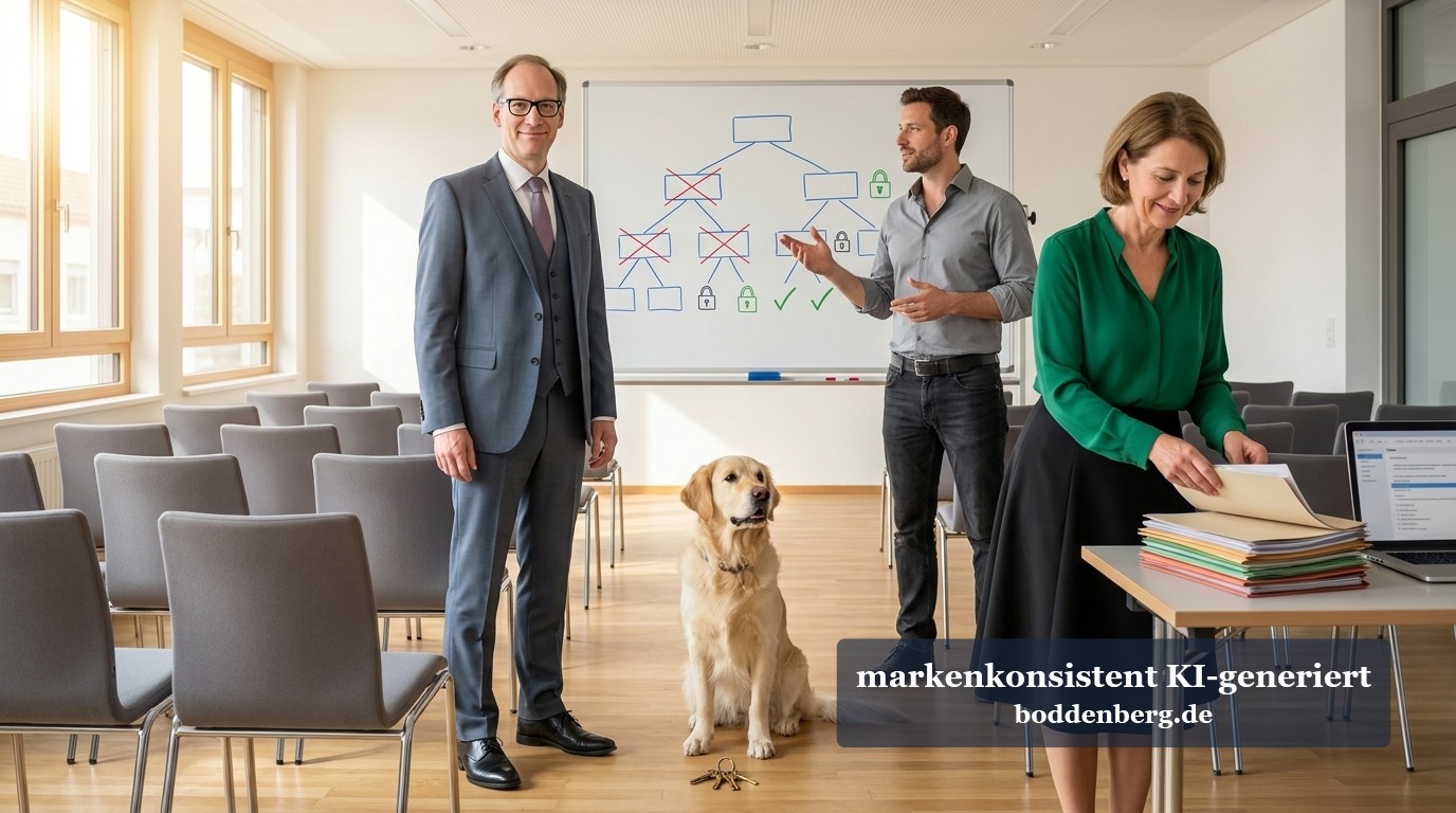 Geschäftsteam im Konferenzraum Drei Berufstätige und ein Hund in einem modernen Konferenzraum mit Whiteboard und Organisationsdiagramm.