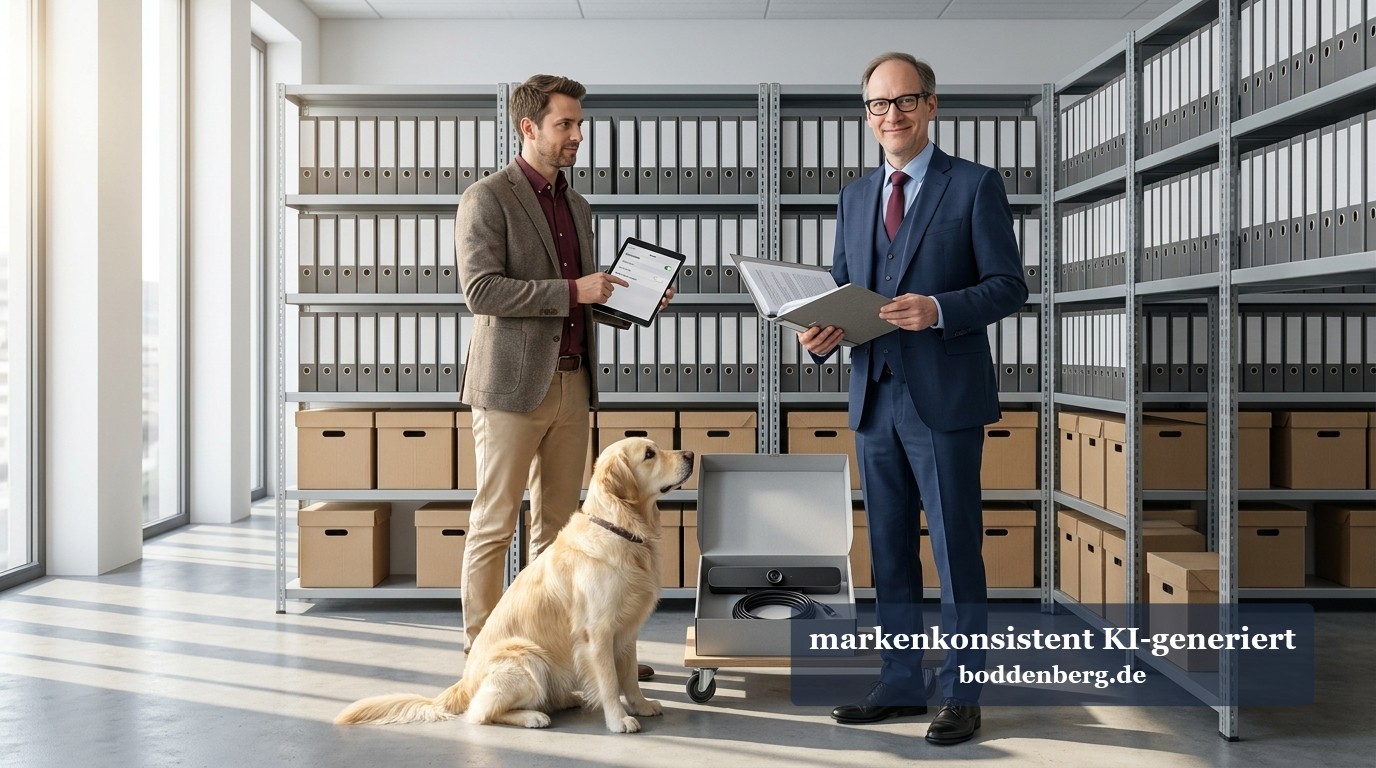 Gesichtserkennung im Meetingraum: Microsoft macht ernst Zwei Männer stehen in einem Archiv mit Aktenregalen, daneben sitzt ein Golden Retriever und auf einem Rollwagen liegt ein Kamera-Gerät.