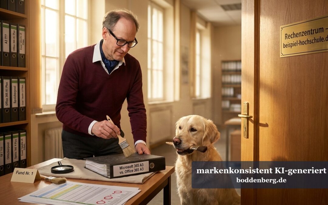 Ein Wissenschaftler in Weinjeans und Brille arbeitet an einem Tisch in einem Büro, während ein Golden Retriever neben ihm sitzt.