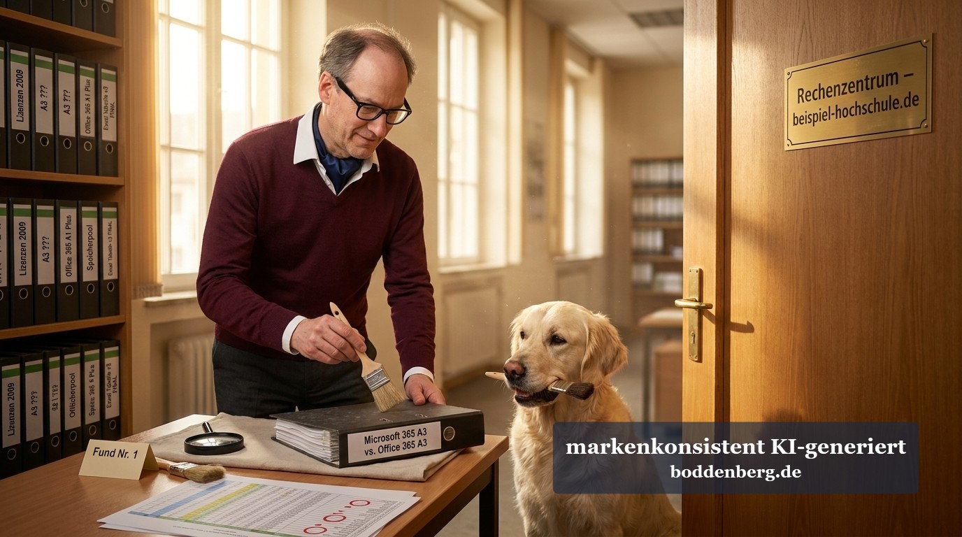 Ein Wissenschaftler in Weinjeans und Brille arbeitet an einem Tisch in einem Büro, während ein Golden Retriever neben ihm sitzt.