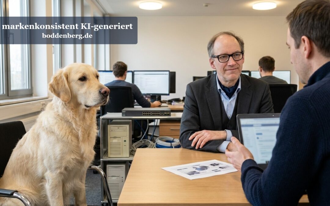 Labrador sitzt neben zwei Männern bei einem Beratungsgespräch am Schreibtisch in einem IT-Büro.
