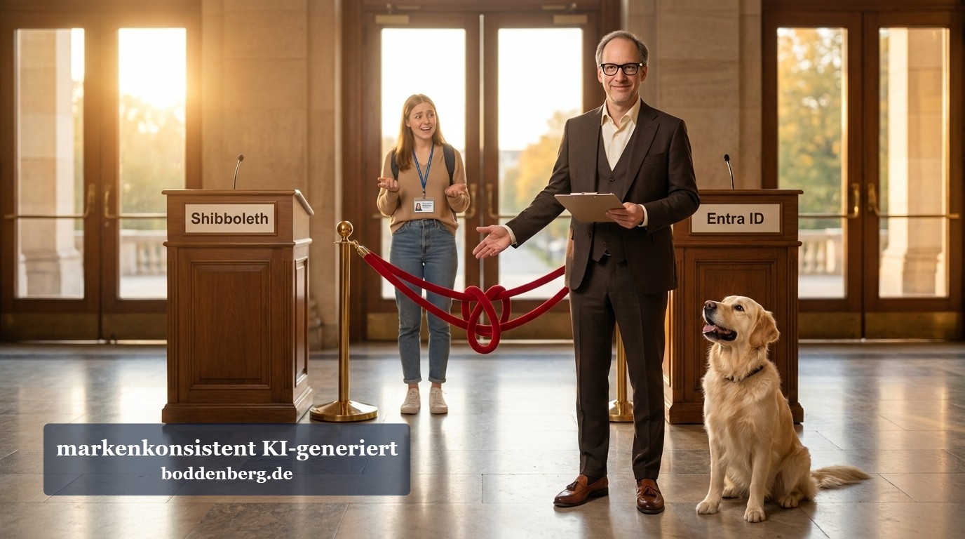 Mann mit Tablet und Hund bei zeremonieller Eröffnung zwischen zwei Rednerpulten mit Shibboleth und Entra ID Beschriftung.