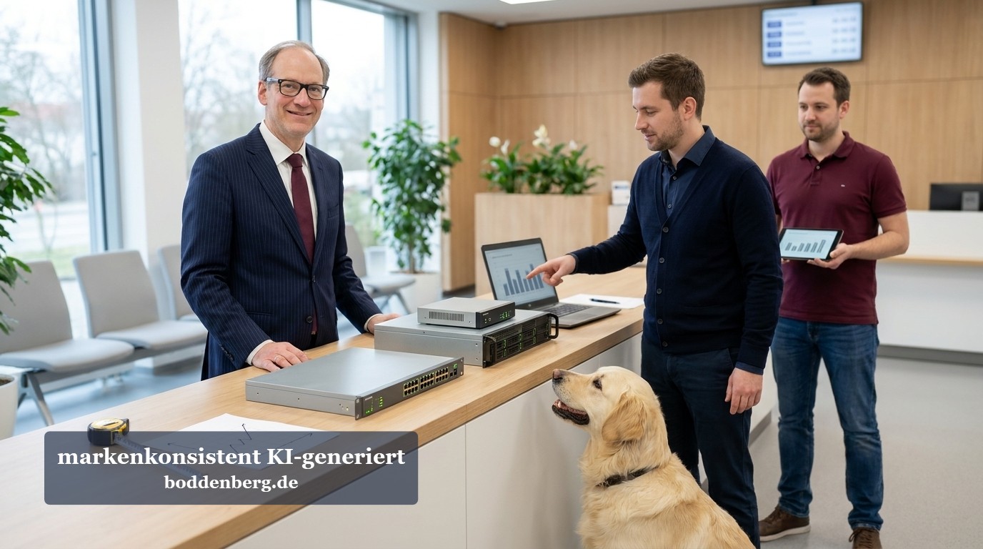 Ein Mann im Anzug lächelt an einem Empfangstresen mit Netzwerkgeräten, daneben zeigt ein Kollege auf einen Laptop, davor sitzt ein Golden Retriever.