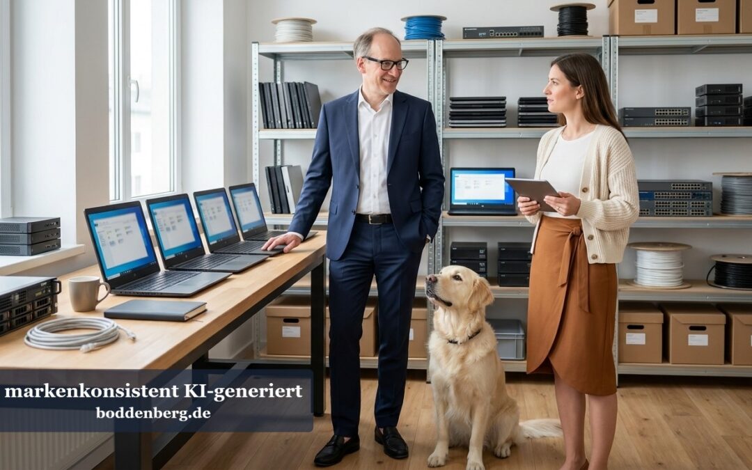 Ein Mann im Anzug und eine Frau mit Tablet besprechen sich in einem hellen Lager mit Netzwerkgeräten, Laptops und Kabelrollen, neben ihnen sitzt ein G…