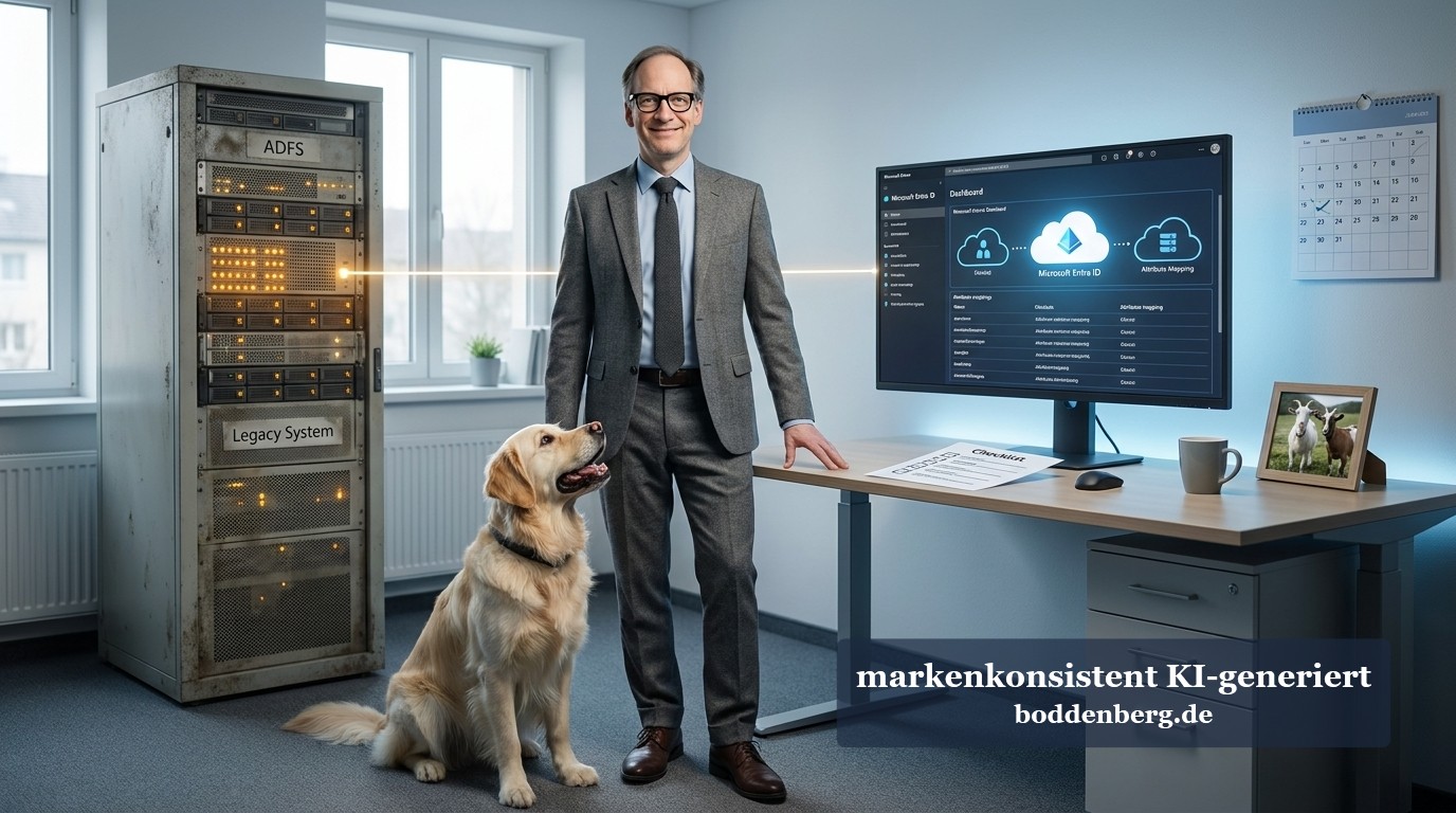 IT-Berater mit Hund vor Legacy-System im Büro Mann im Anzug mit Brille steht neben einem beige-farbenen Hund vor einem Legacy-Server-Rack im modernen Büro.