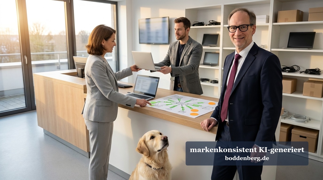 Zwei Beraterinnen und ein Berater besprechen an einer Theke in einem hellen Büro einen Netzwerkplan, im Vordergrund liegt ein Golden Retriever.